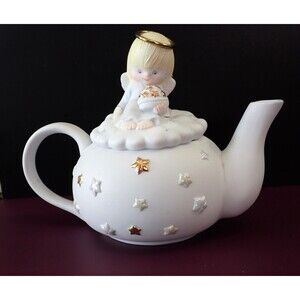 Vintage Hallmark Collectible Angel Baby Teapot 1989 Matte White with Stars 8"
